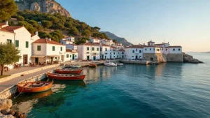 Λιμάνι νησιού στις Βόρειες Σποράδες με ψαρόβαρκες και πευκόφυτη πλαγιά