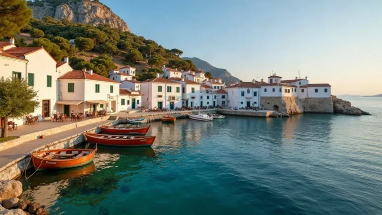 Λιμάνι νησιού στις Βόρειες Σποράδες με ψαρόβαρκες και πευκόφυτη πλαγιά
