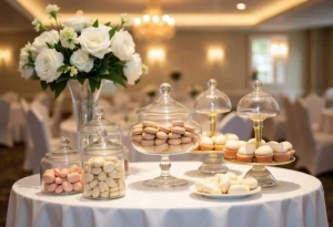 Candy bar γάμου με γυάλες, macarons και cupcakes σε αίθουσα δεξίωσης