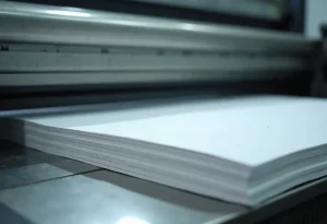 Stack of trimmed paper on the steel table of a guillotine paper cutter