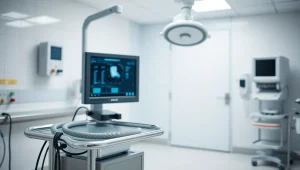 Αίθουσα ενδοσκόπησης με κολονοσκόπιο και οθόνη