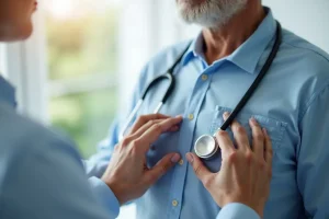 Γιατρός ακροάζεται με στηθοσκόπιο την καρδιά ηλικιωμένου ασθενούς