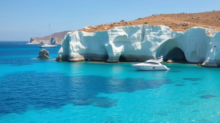 White volcanic cliffs and sea caves above turquoise water with a motor yacht at anchor